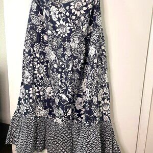 Luna Moon A-Line Full Skirt Size XL Navy White Floral Print Ruffle Eyelet Trim